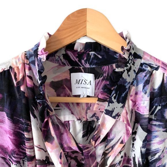 MISA Los Angeles Dress Midi Purple Floral Merce Ruffle Tie Sz S - Picture 3 of 6